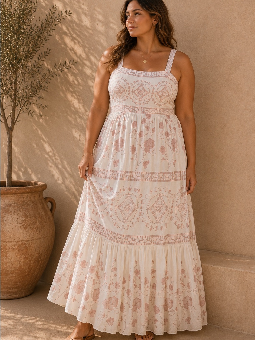 Boho Pink Floral Maxi Dress | Cottagecore Cotton Sundress | Tiered Summer Dress